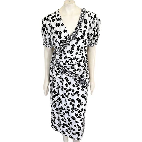 LOVE WHIT Floral Puff Sleeve Wrap Dress in Black & White SZ L - Picture 13 of 13